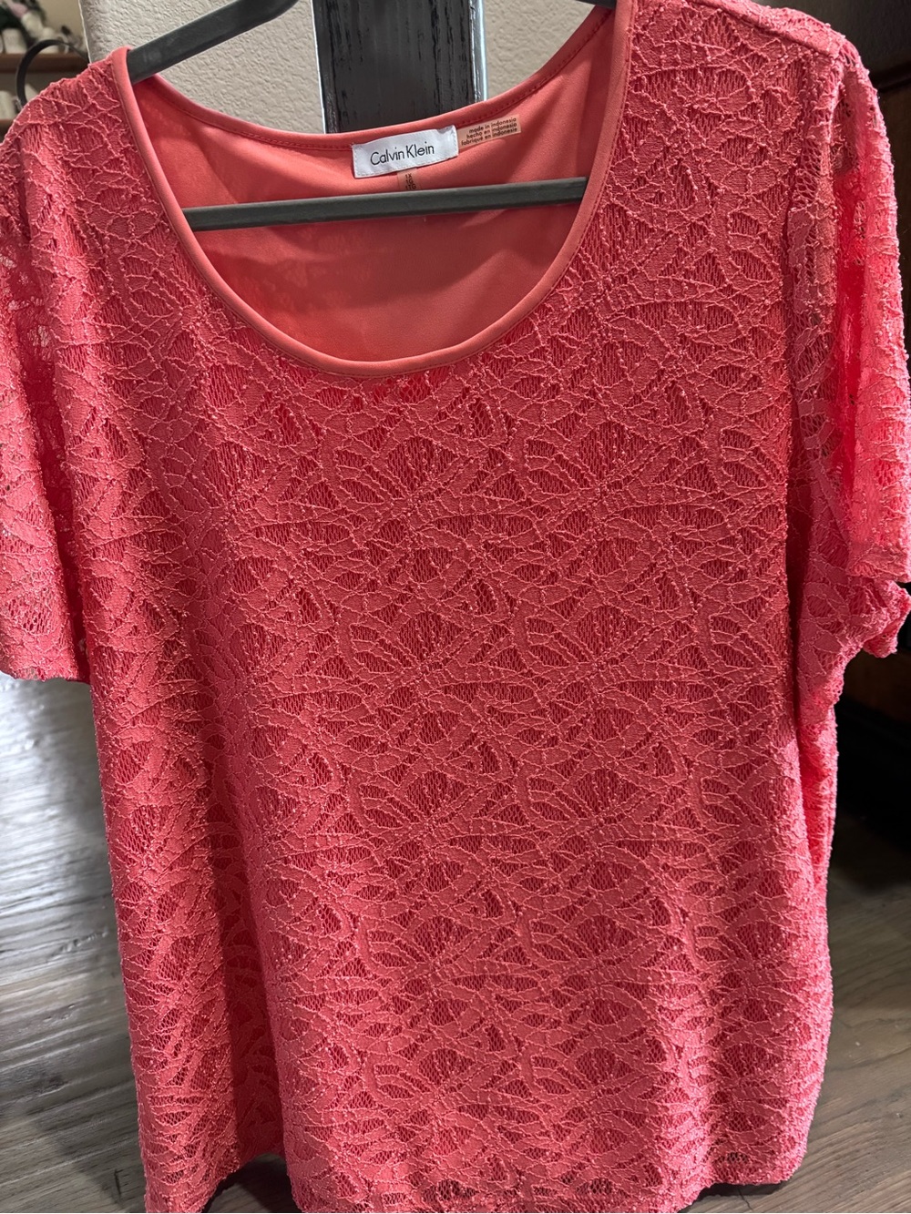 Calvin Klein Coral-Pink Lace Short Sleeve Blouse with lining, 1X